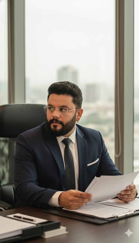 Niraj Choksi in a navy suit, seated at a desk in a high-rise office, reading a document, with a hazy city skyline through the window behind him.